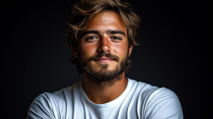 Naklejka premium Young man with confident smile, wearing white t shirt, against dark background. His casual look and relaxed expression convey sense of approachability and charm
