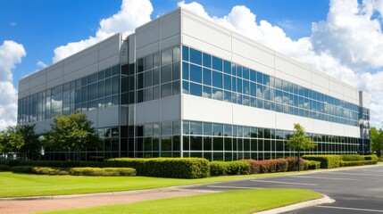 Modern office building with large windows, landscaped grounds, and ample parking.