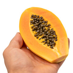 Peeled Pepaya or papaya fruit. Cut out papaya. Half of papaya. Papaya a large oval fruit with a yellowish skin and sweet orange flesh
