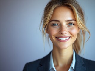 A woman with a suit is smiling for the camera