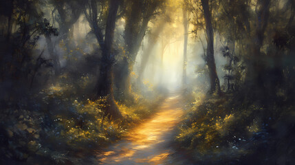 Naklejka premium A narrow, misty path leads through a dense thicket of redwoods, sunlight filtering through the canopy above , shadows, sunlight. Thicket. Illustration