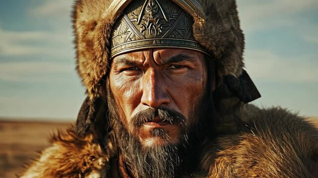 ancient warrior wearing fur cap and iron plate armor at grass field 