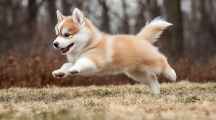 Playful puppy jumping in a grassy field during a sunny day