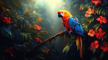 Fototapeta premium Vibrant macaw perched on branch, lush jungle.