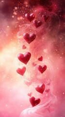 Obraz premium Delicate pink and red hearts arranged in a swirling pattern on a gradient background, creating a whimsical Valentine's Day ambianc