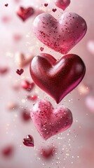Obraz premium Floating pink and red hearts of various sizes on a light pink background, with a subtle sparkle effect for a magical Valentine Day fee