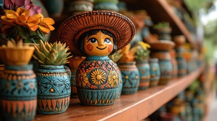 Painted doll, sombrero, colorful pottery, plants.