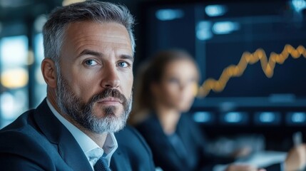 Serious Mature Business Executive Analyzing Financial Data and Market Trends on Computer Screen in Corporate Office Environment
