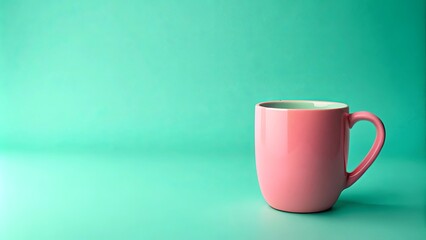 A single pink mug rests on a teal surface.  A minimalist image perfect for branding or design.