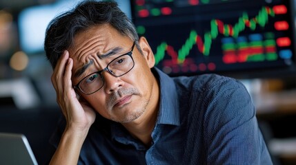 Pensive middle aged businessman in corporate attire studying market data and analytics on laptop computer in a high tech office environment contemplating investment strategy and economic research