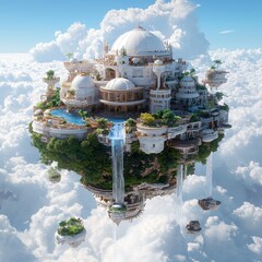 Floating Fantasy Island with Lush Gardens and Cascading Waterfalls