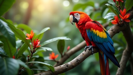 Obraz premium A scarlet macaw perched on a branch in a lush green tropical setting.