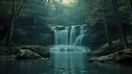 Enchanted Waterfall in Lush Forest: A Serene Landscape