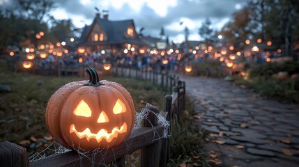 Halloween Pumpkin with Spooky Face Surrounded by Festive Lights