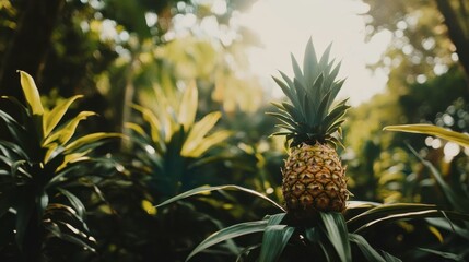 Fresh Pineapple Growing Among Lush Green Tropical Leaves