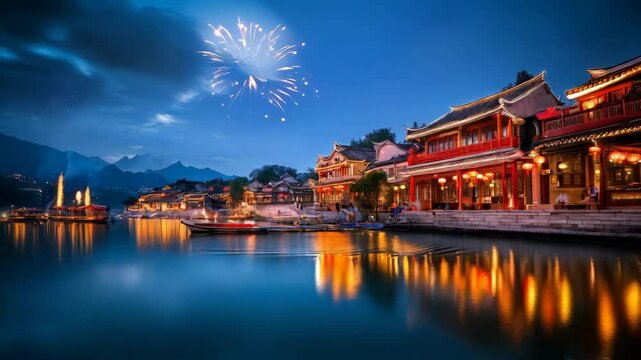 Holiday firework over asian temple. Chinese New Year celebration. Chinatown city panorama at night with colorful exploding fireworks. Lantern Festival, Dragon Boat Festival, Mid-Autumn Festival