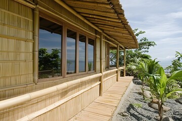 A bamboo structure with large windows overlooking a natural landscape.