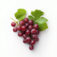 Fototapeta premium Fresh red grapes with green leaves on white background, showcasing their vibrant color and natural shine. Perfect for healthy snacking or culinary use