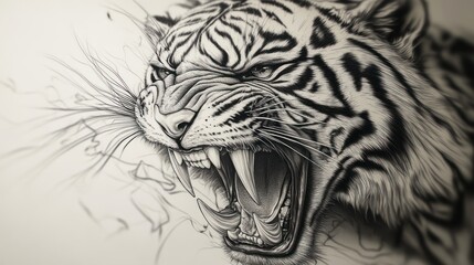 Close-up of a snarling tiger's head, detailed pencil sketch.