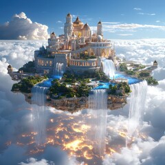 Ethereal Floating City with Waterfalls and Lush Gardens in Sky