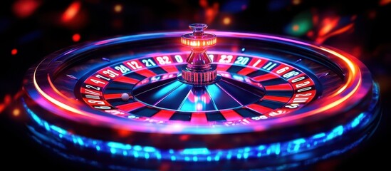 A vibrant depiction of casino roulette set against a glowing neon backdrop.