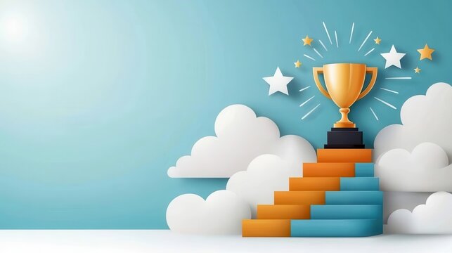 Symbolic image of a golden trophy or award standing atop a staircase leading up to a bright sky with clouds and shining stars representing the concept of success achievement and reaching new heights