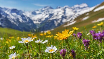 Obraz premium Blooming Wildflowers in Alpine Meadow with Snow-Capped Mountains in the Distance