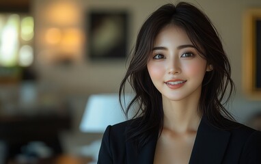 Naklejka premium A woman with long hair and a black jacket is smiling