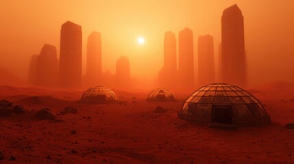 Futuristic Martian Colony with Domes Under a Dusty Orange Sky