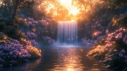 Sunset waterfall, glowing flowers, tranquil forest scene.