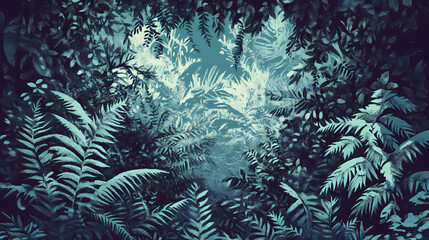 Fototapeta premium A dense thicket of brambles and ferns surrounds a hidden clearing in a mystical forest landscape, wetleafs, forestland. Thicket. Illustration
