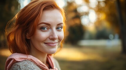 Fototapeta premium Portrait of a beautiful redhead woman with freckles and green eyes smiling outdoors in autumn