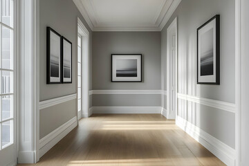 Obraz premium A minimalist interior hallway featuring framed artwork and natural light.