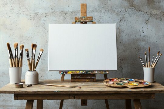 Portable desk easel for painting with canvas blank, brushes and artist's palette on wooden table front concrete wall background