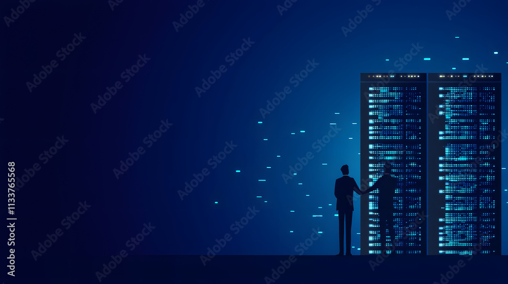 Poster a silhouette of two figures shaking hands in front of illuminated server racks against a dark blue b