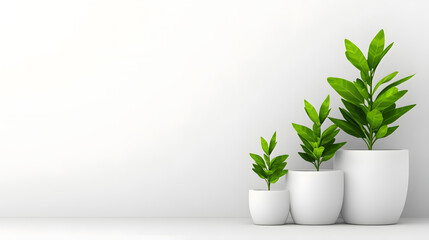 Fototapeta premium A minimalist display of three potted plants in white containers, showcasing vibrant green leaves against a clean, light background