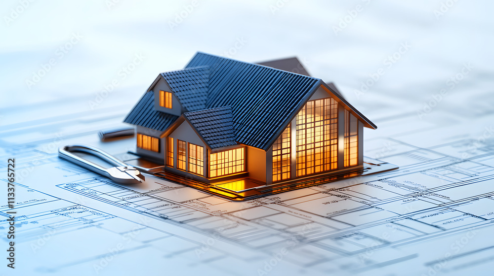 Poster a miniature house model illuminated on architectural blueprints, symbolizing home design and constru