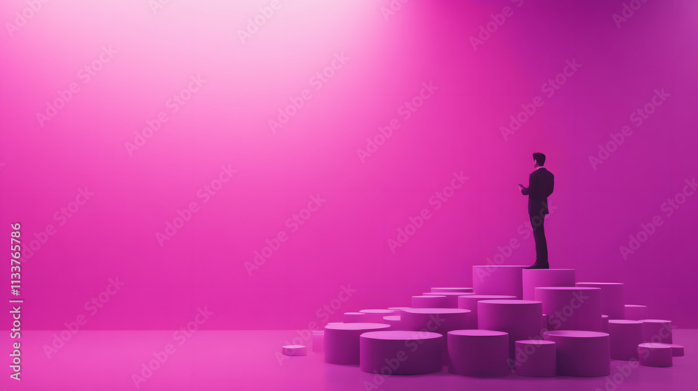 Poster a silhouette of a person stands atop circular platforms, bathed in vibrant pink light, creating an a