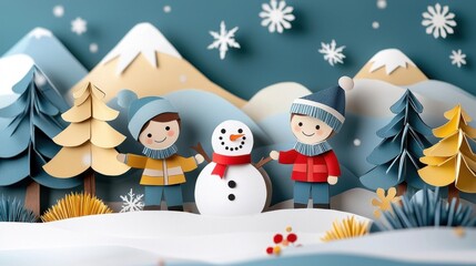 Enchanting Papercraft Snowman Scene in Winter Wonderland Landscape with Mountains Pine Trees and Icy Whimsical Festive and Cozy Handcrafted Digital
