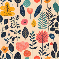 Fototapeta premium floral flower and leaf elements modern doodle illustrator seamless pattern for wallpaper or background