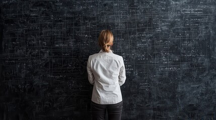 A thoughtful person gazing at a complex blackboard filled with mathematical symbols and equations, contemplating deep ideas.