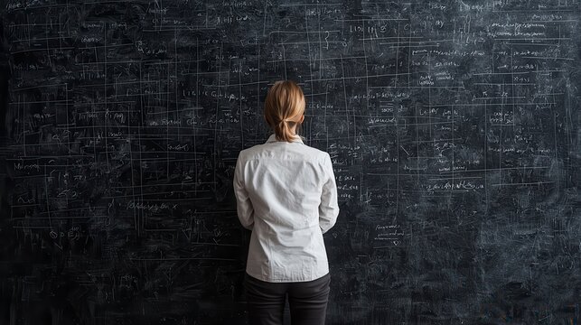 A thoughtful person gazing at a complex blackboard filled with mathematical symbols and equations, contemplating deep ideas.