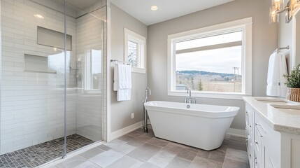 Fototapeta premium Elegant minimalist bathroom with hidden storage, glass shower, and clean white fixtures,