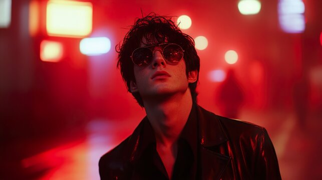 Mysterious Man in Red City Night: Urban Fashion Photography