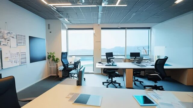 Modern Office Interior Design with Large Windows and Stylish Workstations Overlooking City Landscape, Ideal for Collaborative Work and Remote Meetings