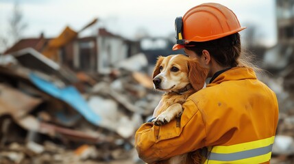 Rescuer holding dog amidst disaster debris.