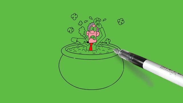 draw young man half drowned in green color liquid filled in round vessel wear red tie and face become pink keep left hand on forehead with black outline on abstract green screen background    
