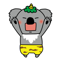 ガォーと脅かしている青鬼の格好をしたコアラ