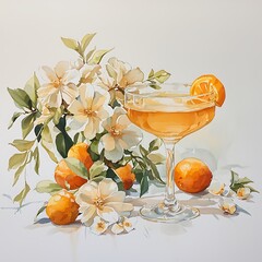 Watercolor painting of a cocktail glass with orange liqueur, garnished with an orange slice, surrounded by orange blossoms and mandarins.