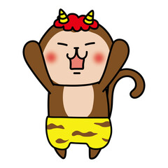 ガォーと脅かしている赤鬼の格好をした猿